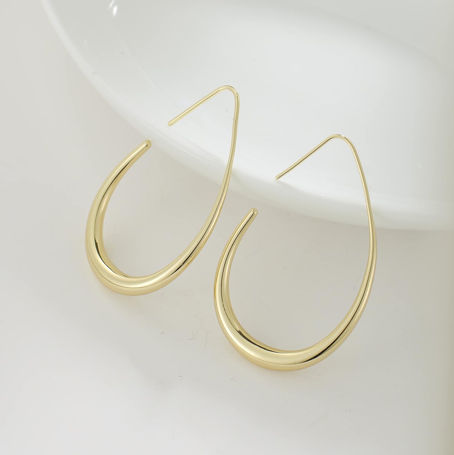 Lightweight Teardrop Hoop Earrings for Women - 14k Gold/White Gold Plated Large Oval Pull Through Hoop Earrings High Polished Statement Jewelry Gift for Women - Image 3