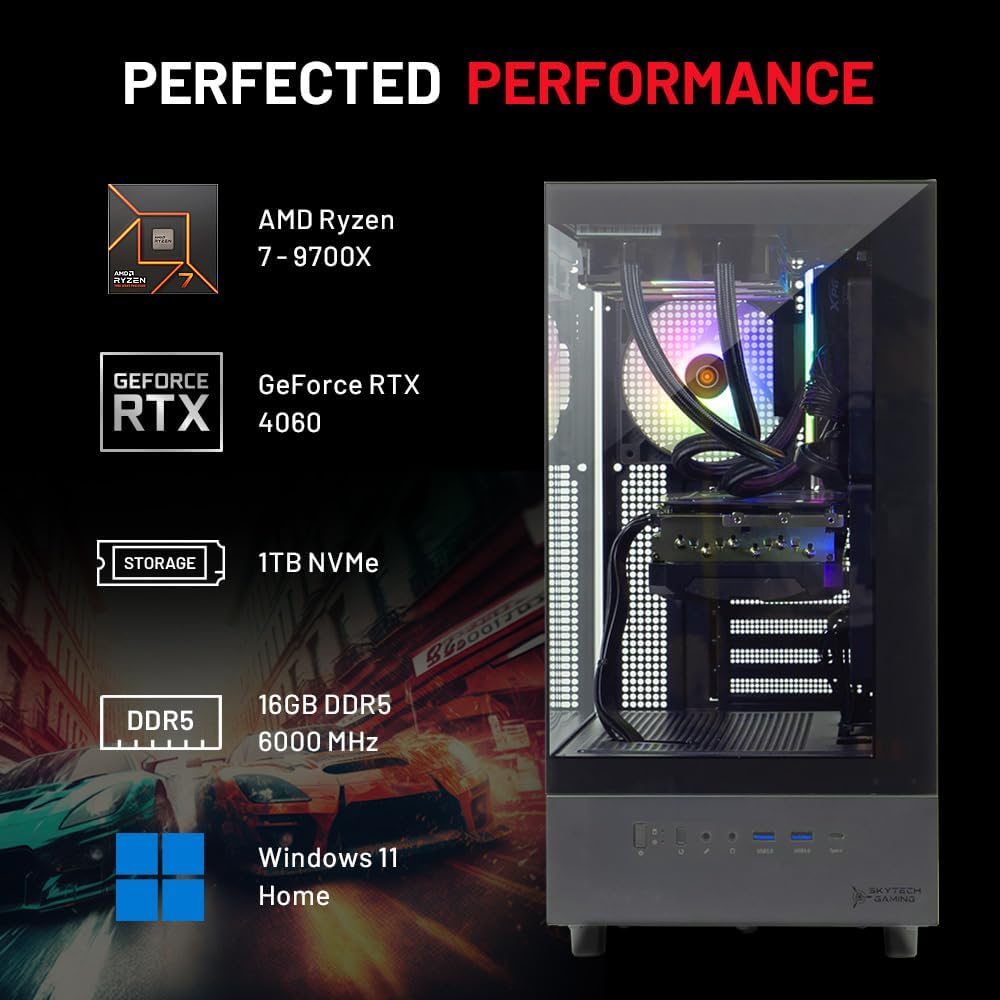 Skytech Azure Gaming PC Desktop, Ryzen 7 9700X 3.8 GHz (5.5GHz Turbo Boost), NVIDIA RTX 4060 8GB GDDR6, 1TB SSD, 16GB DDR5 RAM 6000, 650W Gold PSU, 360mm ARGB AIO, Wi-Fi, Win 11 Home - Image 5