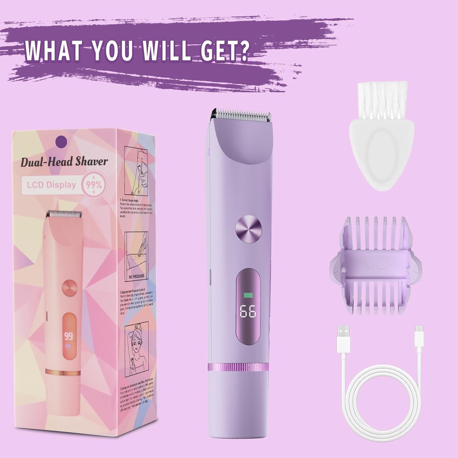 Bikini Trimmer for Women, 2 in 1 Electric Shaver for Women, Rechargeable Electric Razor Body Hair Trimmer Wet & Dry Use, Purple - Image 5