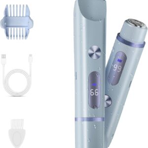 Bikini Trimmer for Women, 2 in 1 Electric Shaver for Women, Rechargeable Electric Razor Body Hair Trimmer Wet & Dry Use, Blue
