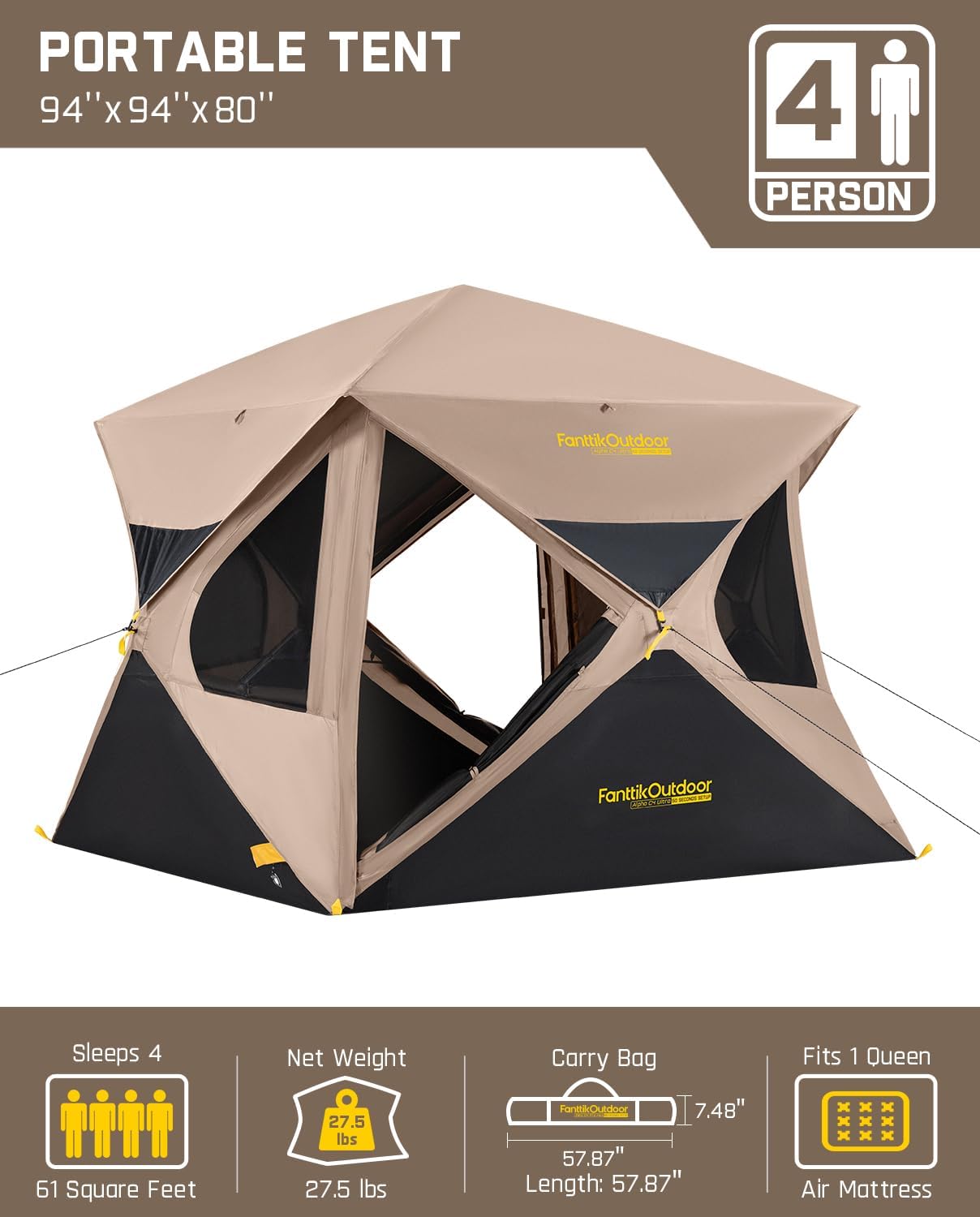 FanttikOutdoor Alpha C4 Ultra Camping Tent 4 Person Pop Up Instant Cabin Setup in 60 Seconds Portable Hub Tent with Rainfly & Windproof for Outdoor Camping & Overlanding - Image 2