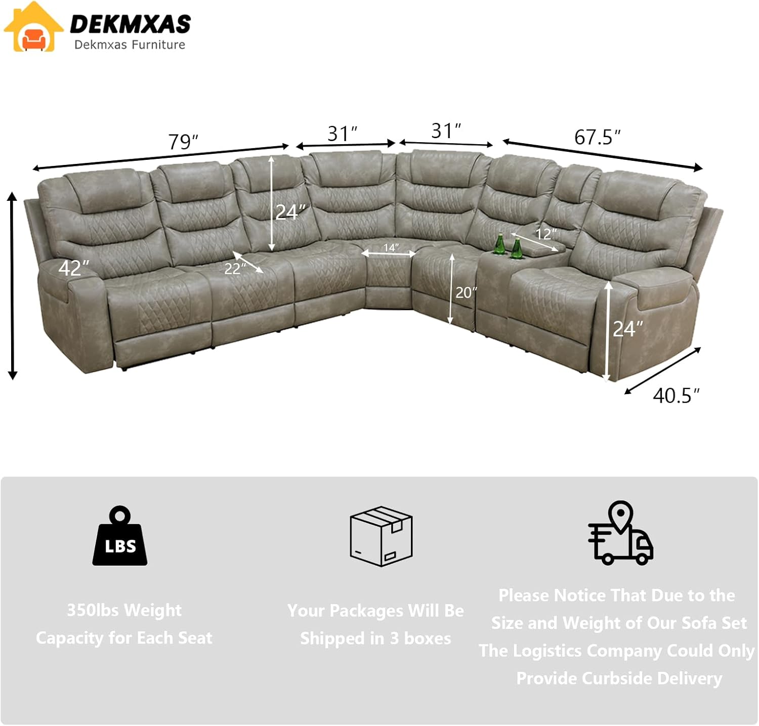 Power Reclining Sectional Sofa Set, Grey Breathing Leather Living Room Furniture Sets with Cup Holders/Storage Console/LED Light/UPS Port for Living Room,Office,RV Car - Image 2