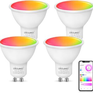 DiCUNO Smart GU10 LED Bulb, RGB Color Changing LED Compatible with Alexa & Google Home, Dimmable with App, 450LM, MR16 50W Track Light Bulb Replacement, 110° Beam Angle, 2.4GHz WiFi, Pack of 4