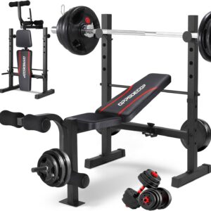 OPPSDECOR Standard Weight Bench Set with Squat Rack, 600LBS Adjustable Bench Press Set with Leg Extension and Leg Curl, Foldable Flat Incline Decline Workout Bench for Home Gym Full Body Training