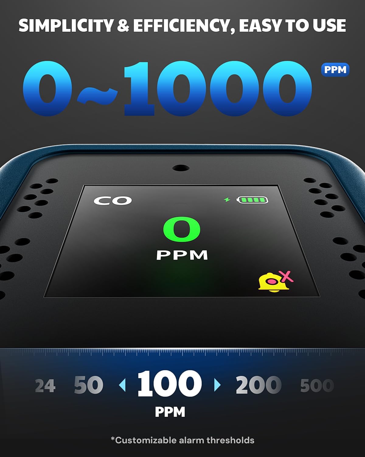 AGT-2309 Portable Carbon Monoxide Detector, 15-Day Standby, Rechargeable Mini CO Monitor with Lanyard for Travel & Camping, Handheld CO Meter with Audible & Visual Alerts, 0-1000ppm - Blue - Image 3