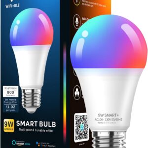 Meliya LED Smart Light Bulbs, Color Changing Dimmable & Timing Smart WiFi and Bluetooth Bulb, Compatible with Alexa and Google Assistant, RGBWW A19, 9W 800 Lumens, Music Sync, Voice Control (1 Pack)