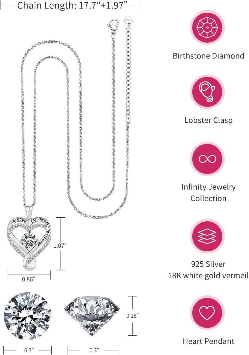 Jewelry for Women Wife Infinity Heart Birthstone I Love You Necklace S925 Anniversary Women Necklaces for Her Wife Birthday Gift Ideas, Birthday Present for Girlfriend Mom Daughter Sterling Silver - Image 4