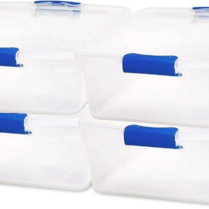 HOMZ 4-Pack 15.5 Quart Latching Lid, Clear Plastic Storage Organizer Bins, Blue – Stackable Containers for Home & Office Shelves, Kitchen, Garage, and Bathroom Organization