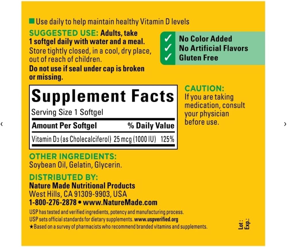 Vitamin D3, 300 Softgels, Vitamin D 1000 IU (25 mcg) Helps Support Immune Health, Strong Bones and Teeth, & Muscle Function, 125% of the Daily Value for Vitamin D in Only One Daily Softgel - Image 2