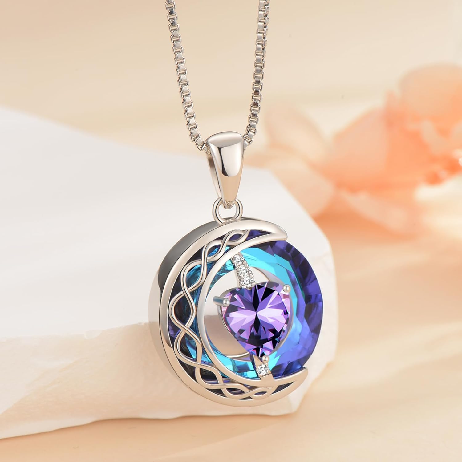 LIANYU Necklace for Womens Blue Sapphire Necklace Moon Pendant S925 Sterling Silver Crystal Jewelry for Women Pendant Birthday Gifts for Wife Gifts Valentine Anniversary - Image 3