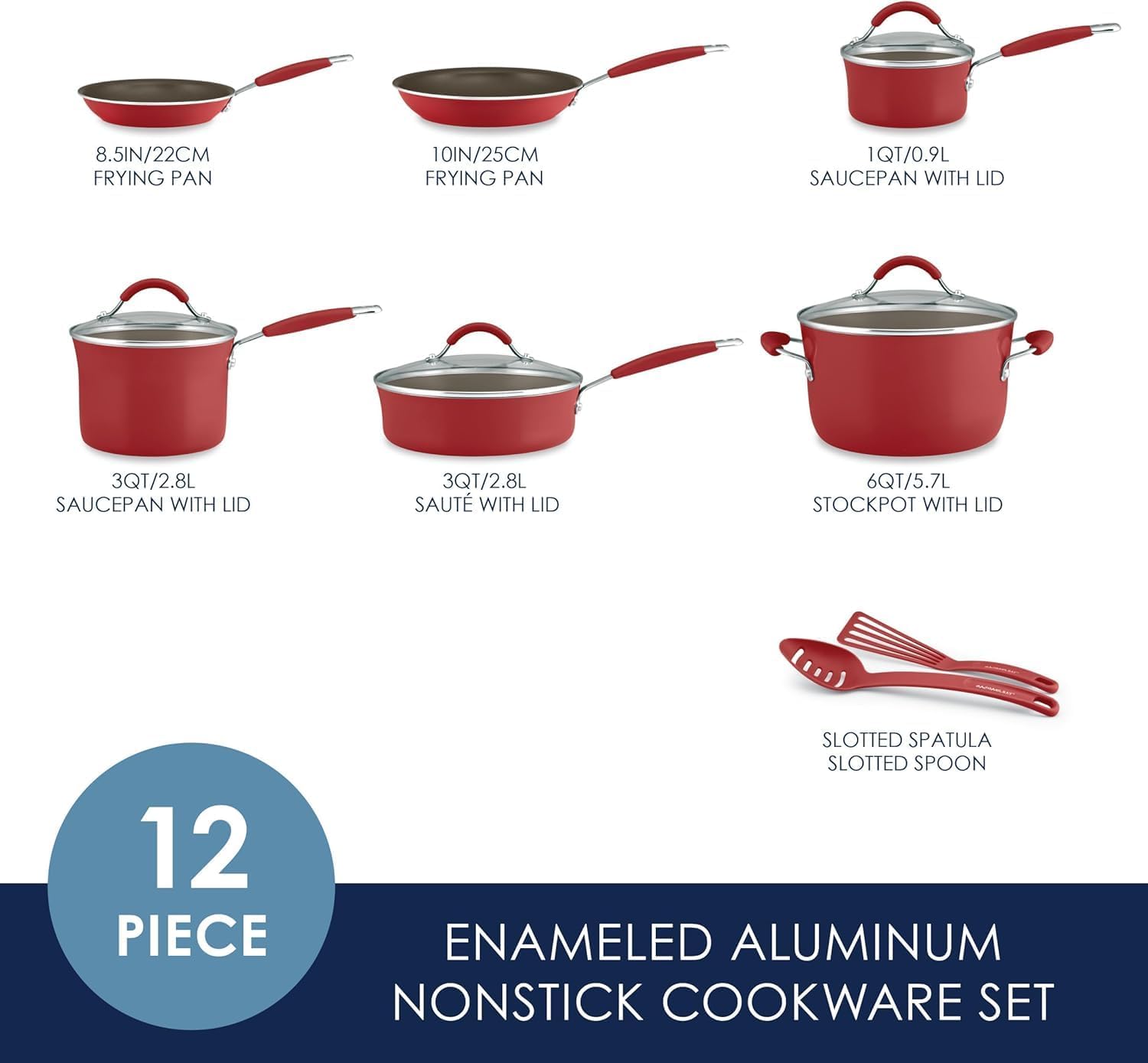 Rachael Ray Cucina Nonstick Cookware Pots and Pans Set, 12 Piece, Cranberry Red - Image 2