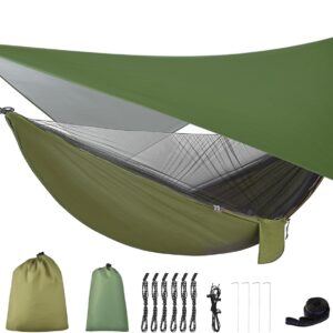 Camping Hammock with Rain Fly Tarp and Mosquito Net Tent Tree Straps, Portable Single Double Nylon Parachute Hammock Rainfly Set for Backpacking Hiking Travel Yard Outdoor Activities Green