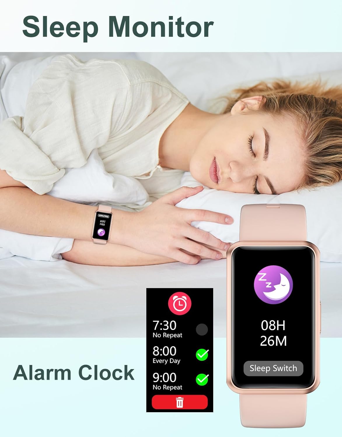 HUAKUA Fitness Tracker No Bluetooth No APP No Phone Needed, Fitness Watch for Men Women Parents IP68 Waterproof with Full Touch Screen Steps Calories Counter Sleep Tracker Alarm Clocks (Pink) - Image 5