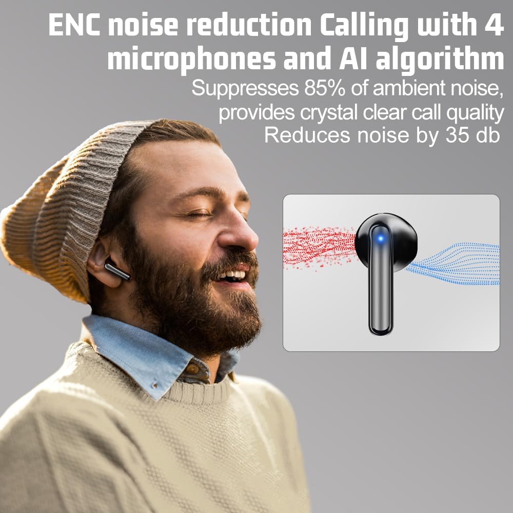 Bluetooth Earbuds Wireless Headphones, 60H Deep Bass Ear Buds with 4 Noise Cancelling Microphone, IP5 Waterproof Earphones for iPhone Android (Black) - Image 2