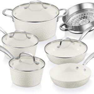 Gotham Steel Hammered 15 Pc Ceramic Cookware Set Nonstick, Pots and Pans Set Non Stick with Induction Cookware, Cooking Utensils & Steamer, Non Toxic PFOA PFOS Free, Oven & Dishwasher Safe