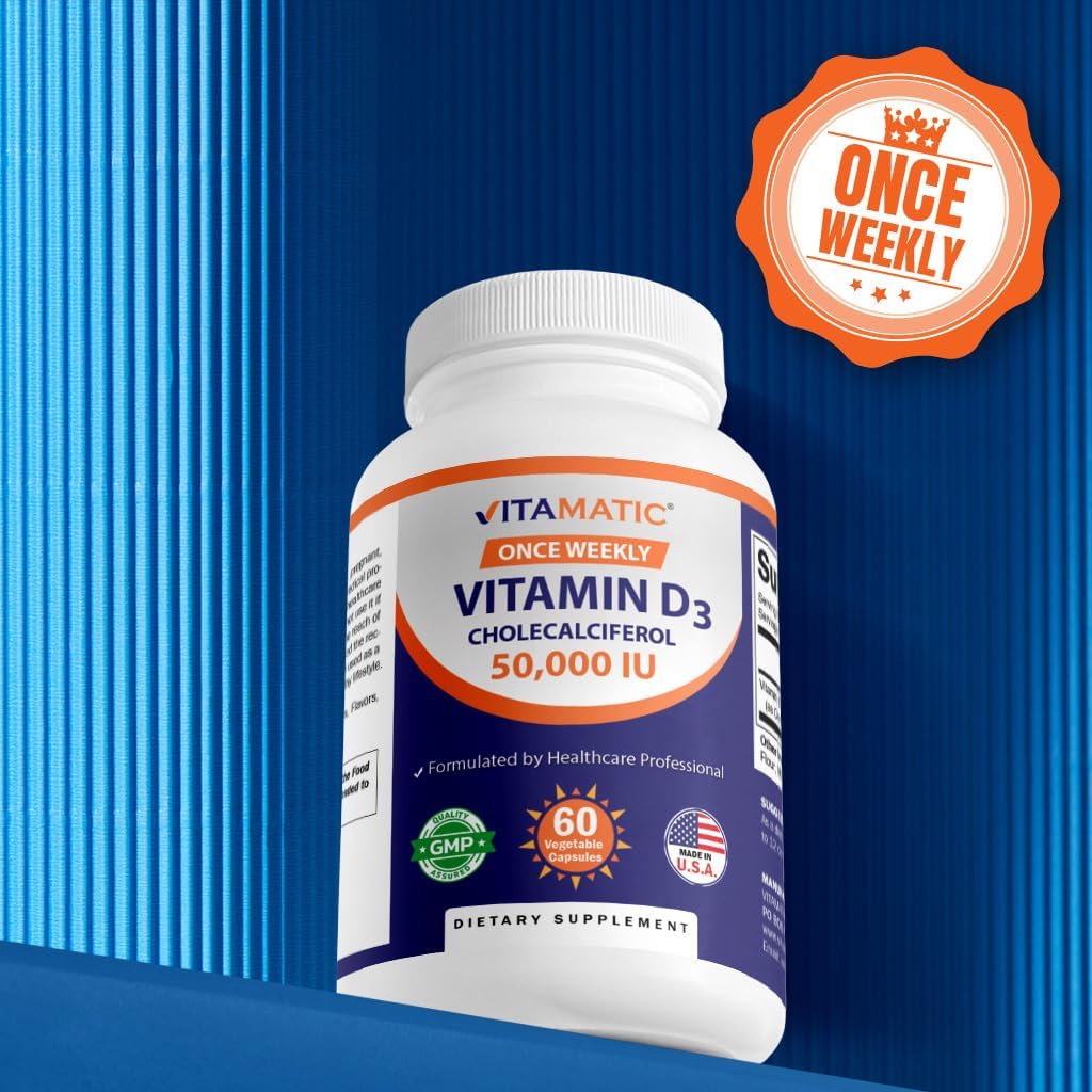 Vitamatic Vitamin D3 50,000 IU (as Cholecalciferol), Once Weekly Dose, 1250 mcg, 60 Veggie Capsules 1 Year Supply, Progressive Formula Helping Vitamin D Deficiencies (60 Count (Pack of 1)) - Image 5
