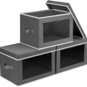 Storage Bins with Lids – Fabric Storage Boxes with Lids, Collapsible Storage Bins with Window, Decorative Closet Organizers and Storage for Clothes, Towels, Books, 3 Pack, Dark Grey