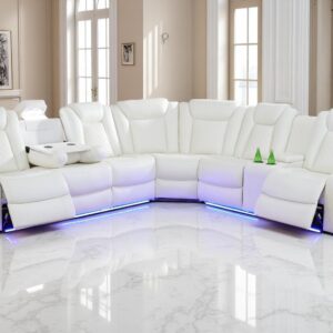 A Ainehome Power Recliner Sectional Sofa Couch with 2 Recliner, Living Room Furniture Sets, Leather Power Reclining Sectional Sofa Set with LED, Leather Couches with USB Port&Storage for Living Room
