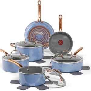 T-Fal Preserve Ceramic, Non stick Cookware Set 13-Piece, Oven & Broiler Safe up to 350°F, Includes Stockpot, Saucepans, Frying Pans, Protectors, Pots and Pans, Blue