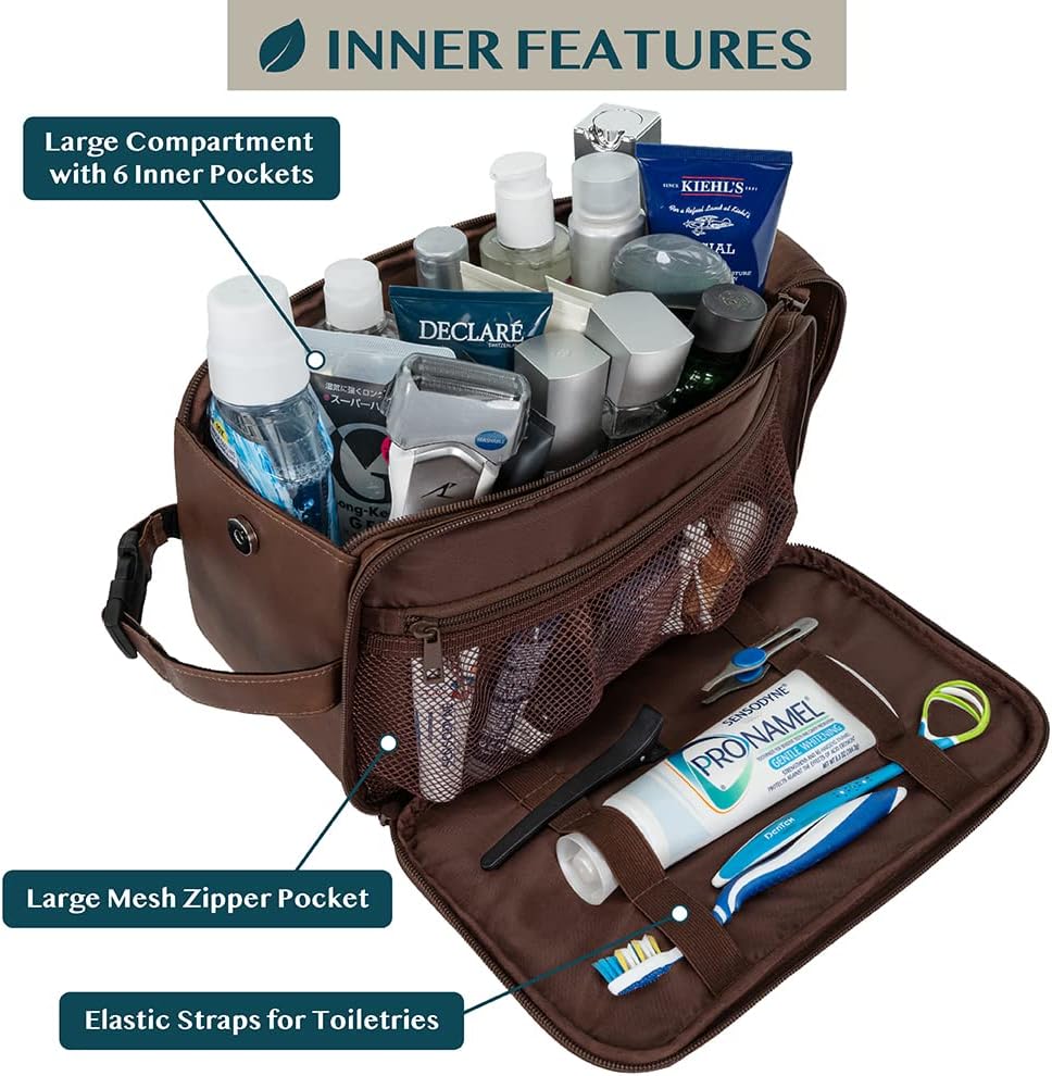 PAVILIA Toiletry Bag for Men, Travel Essentials Shaving Dopp Kit, Mens Travel Bag Toiletries Organizer Case for Grooming, PU Leather Water Resistant Cosmetic Bag Pouch (XL, Dark Brown) - Image 2