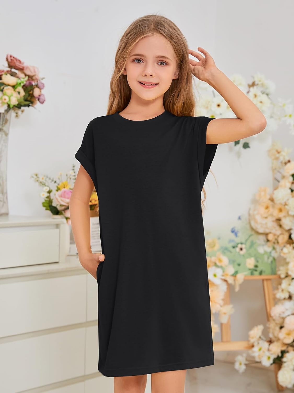 ZDC Girls Cap Sleeve Dresses Kids Spring Summer Casual Basic Crewneck Dress with Pockets 5-14 Years - Image 2