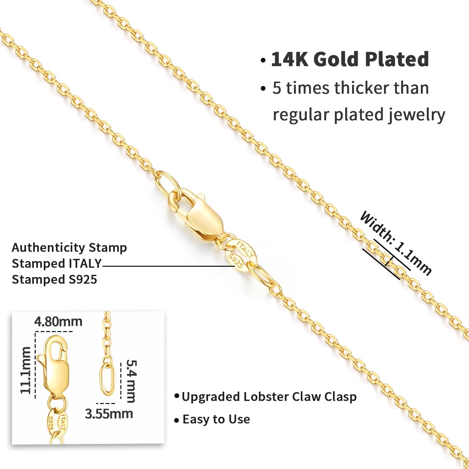 Jewlpire 14K Plated Gold 925 Sterling Silver Chain Necklace for Women, 1.1mm 1.3mm Cable Chain Necklace Comfortable Women's Chain Necklaces 14 16 18 20 22 24 26 Inch - Image 4