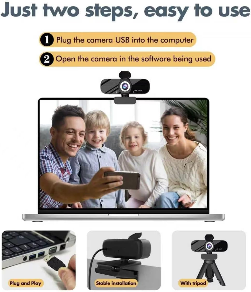 Tewiky Full HD Webcam with Built-in Microphone and Rotatable Tripod, 1080P Video and Wide Angle Camera, Privacy Cover, for Desktop PC or Laptop Computer - Image 3