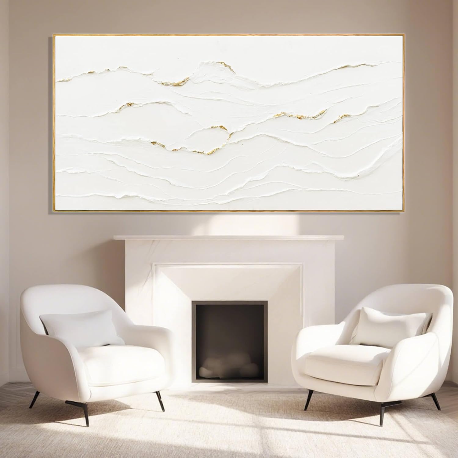 Large Wavy Line White Abstract Wall Art with Frame Minimalist Modern Hand drawn Painting Textured Poster for Living Room Dining Room Bedroom Decor 29"x58" - Image 5