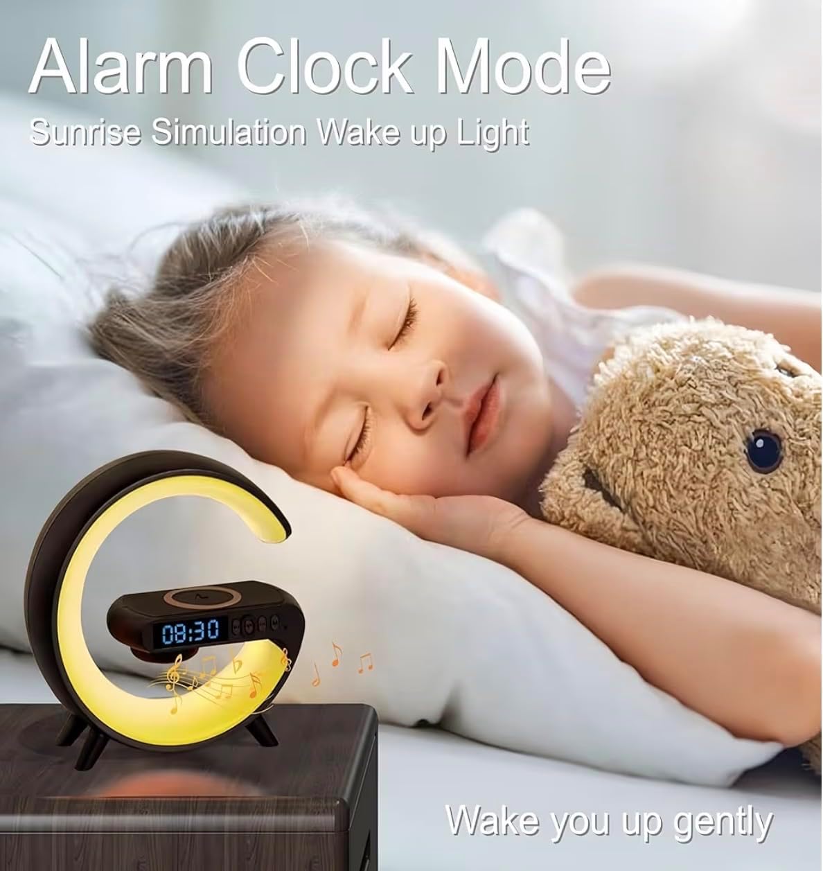 Treligate LED Table Lamp with Wireless Charger, Mini G Atmosphere Lamp with Bluetooth Speaker, Night Light Lamp Sunrise Alarm Clock, Smart Light Sound Machine, (Black) - Image 4