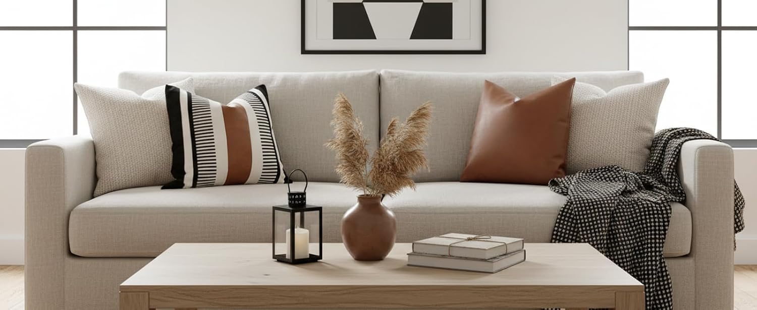 Farmhouse Decorative Throw Pillow Cover for Sofa Couch Accent Faux Leather Square Cushion Cover Tribal Stripe Boho Pillow Case 18 x 18 Inch,Black - Image 9