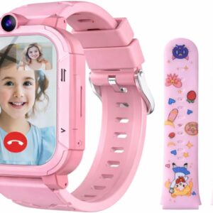 Kids Smart Watch with GPS Tracker, Two-Way Voice, SOS, and Video Calling-Ideal for Boys and Girls – Safety Tracking and AI Facial Recognition, 3 Watchbands, and Screen Protector (Pink)