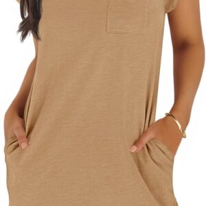 Wenrine Women’s Summer T Shirt Dress Casual Short Sleeve Crewneck Loose Fit Mini Dresses with Pockets