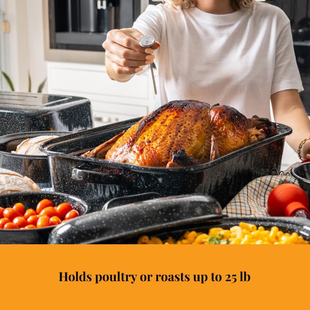 Granite Ware 25 lb Rectangular Roaster Set (10pcs), includes Lid, V-Rack, 2 pack brining bags, oven/grill-safe meat Thermometer, Turkey Baster with sylicon bulb, small brush - Image 7