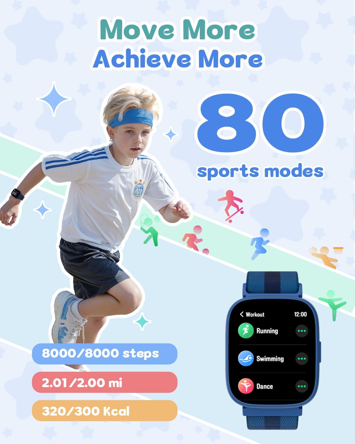 Smart Watch for Kids No Phone No APP Needed, 1.83" Fitness Tracker Watch with Pedometer, Step Counter, Heart Rate/Sleep Monitor, IP68 Waterproof, Puzzle Games for Boys Teens 5-12, Nylon - Image 2
