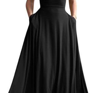 YMDUCH Women’s Casual Short Sleeve Square Neck Solid Slim Flowy Maxi Dress with Pockets