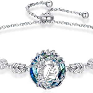 TOUPOP Tree of Life Initial Bracelet 925 Sterling Silver A-Z Letter Bracelet Blue Circle Crystal Jewelry Birthday Valentines Day Gifts for Women Her Wife Mom