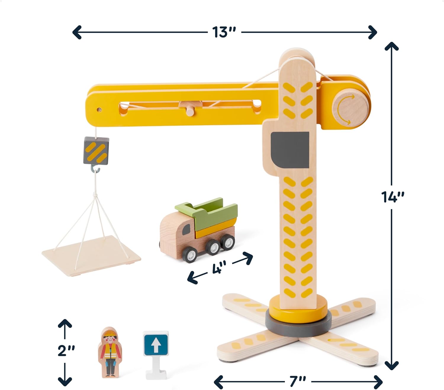 Wooden playset Crane Command Fleet, 18-Piece Set for Toddlers 3-5, 8 vehicales, Road Sighs, Non-Toxic Wood, Parent-Designed - Image 2