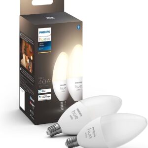 Philips Hue Smart 40W B39 Candle-Shaped LED Bulb – Soft Warm White Light – 2 Pack – 450LM – E12 – Indoor – Control with Hue App – Works with Alexa, Google Assistant and Apple Homekit