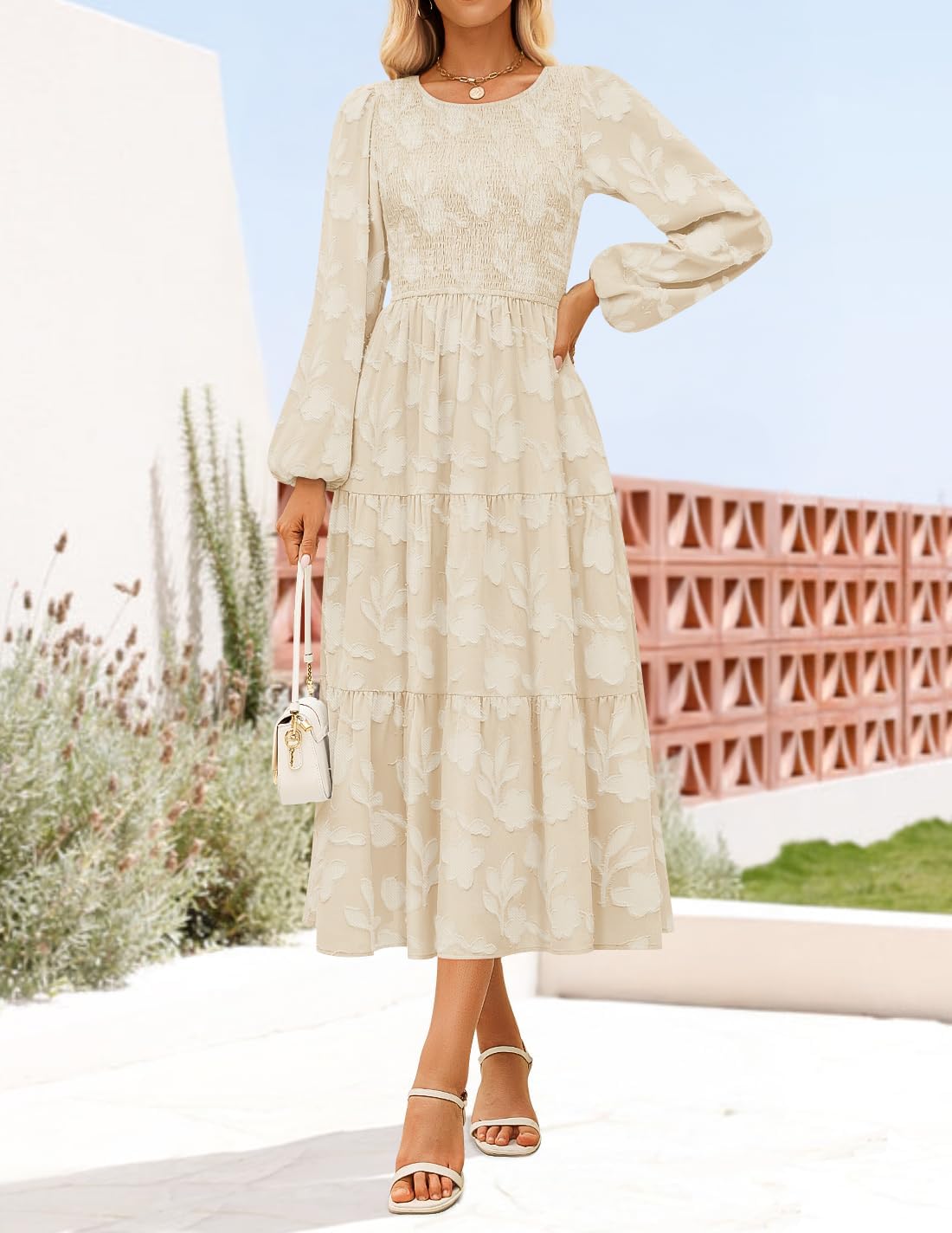 ZESICA Women's Fall Boho Floral Midi Dress 2026 Casual Long Sleeve Crewneck Flowy Wedding Guest Long Dresses - Image 3