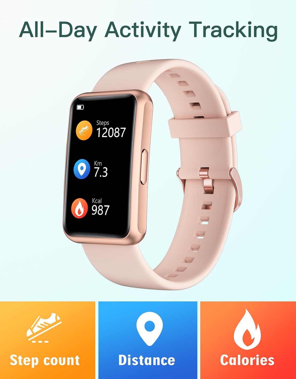 HUAKUA Fitness Tracker No Bluetooth No APP No Phone Needed, Fitness Watch for Men Women Parents IP68 Waterproof with Full Touch Screen Steps Calories Counter Sleep Tracker Alarm Clocks (Pink) - Image 4