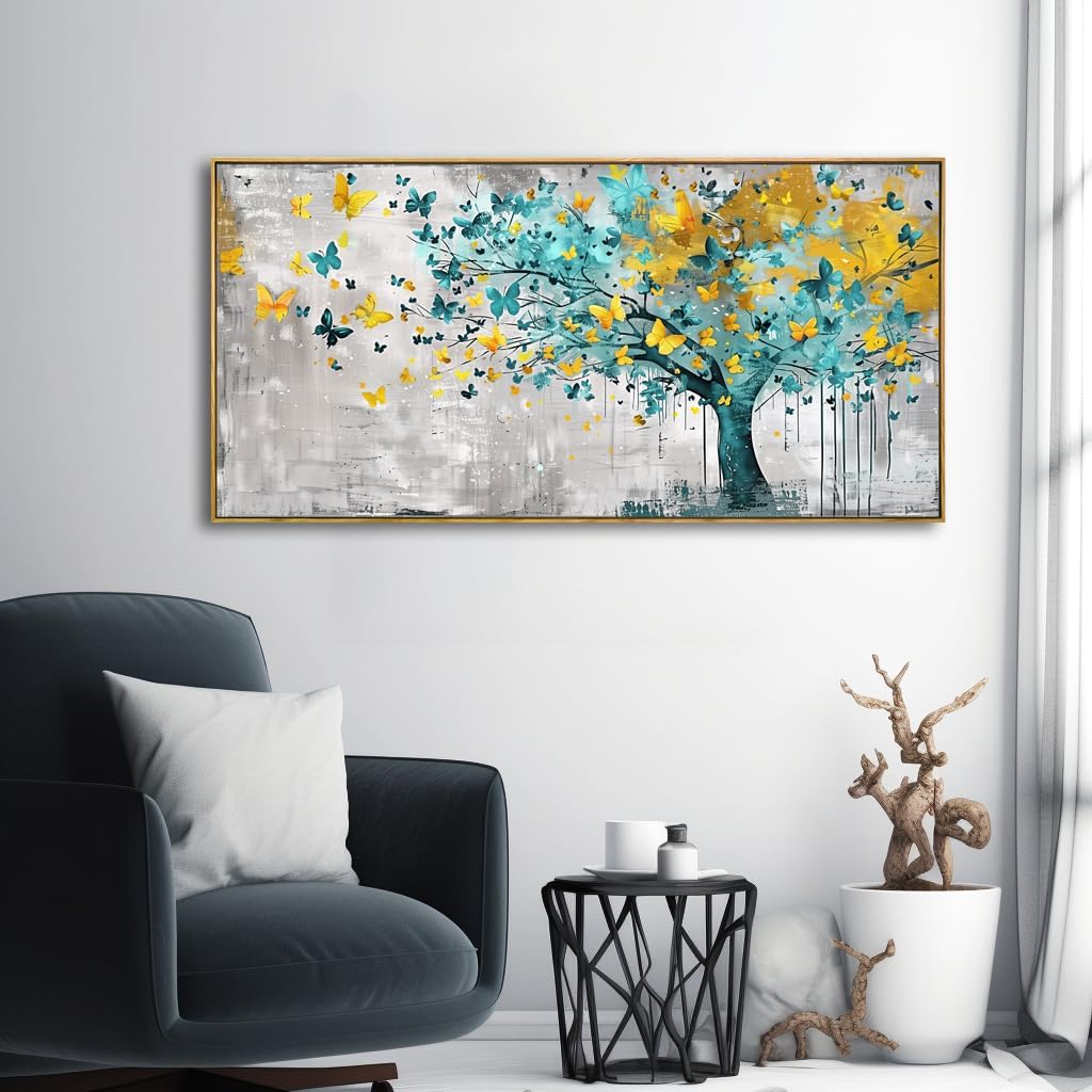 Wall Art Tree of Life Wall Decor Abstract Graffiti Teal Blue and Yellow Butterflies Canvas Painting for Bedroom Living Room Dining Room Home Office Decor 20"x40" with Framed - Image 6