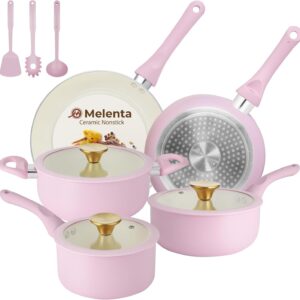 Pots and Pans Set Non Stick, Pink Ceramic Cookware Set, 11-Piece Induction Cookware, Non Toxic Healthy Kitchen Cooking Set, Gold Knobs Lids, Stay-Cool Handles