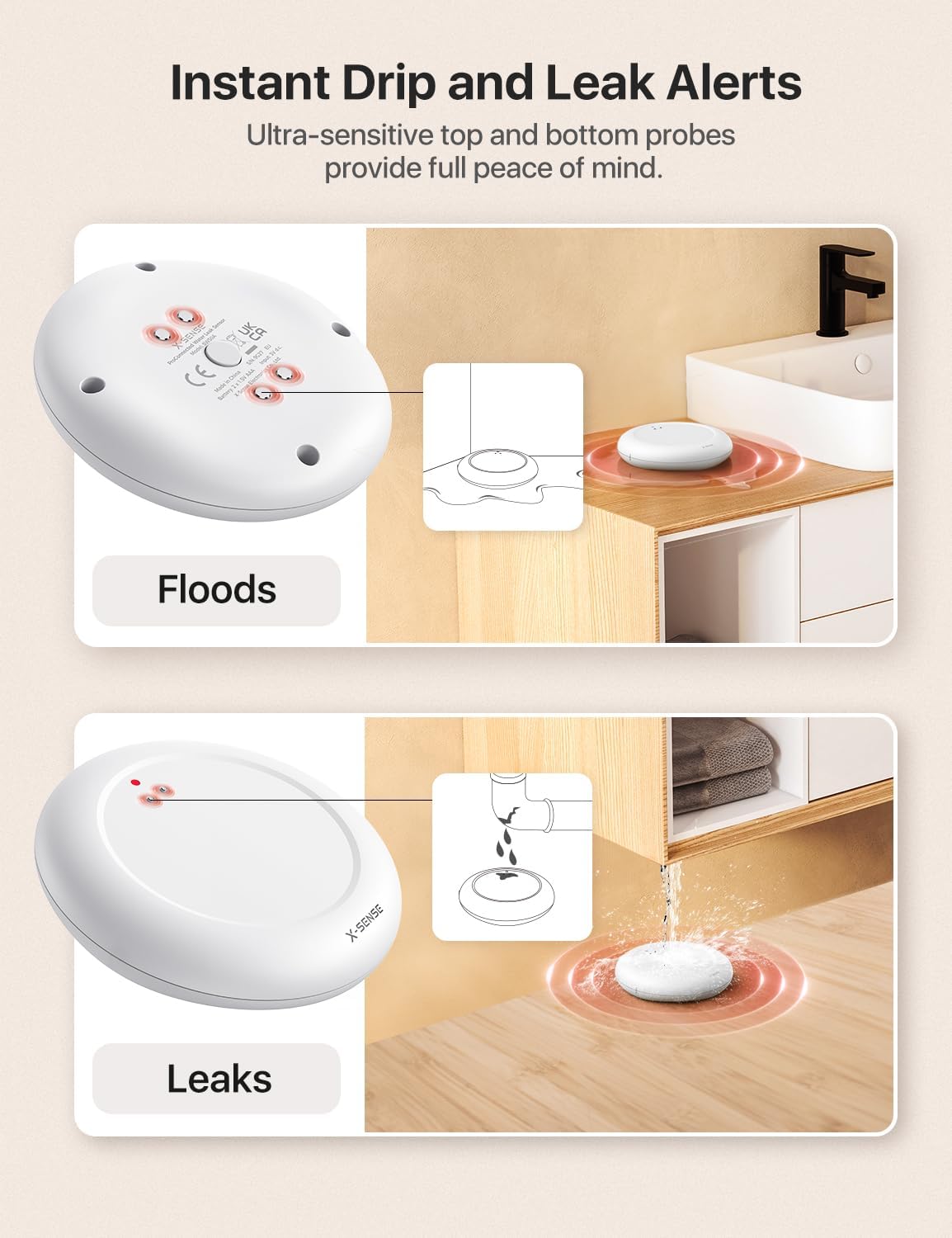 X-Sense Wi-Fi Water Leak Detector Kit, Smart Water Sensor Alarm with App Alerts and Ultra-Slim Design, Water Alarm Leak Detector for Basements, 4 Water Sensors and 1 Base Station, Model SWS0A41 - Image 5