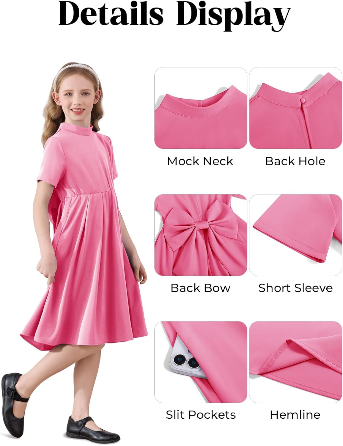 Haloumoning Girls Dresses Kids Back Bow Mock Neck Short Sleeve A-Line Wedding Party Midi Dress with Pockets 5-14Y - Image 6