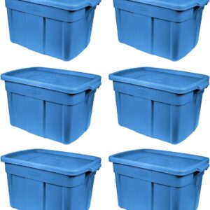 Rubbermaid Roughneck Tote 18 Gal, 6 Pack, Made in USA, Heritage Blue, Rugged Plastic Stackable Storage Bins with Lids and Handles
