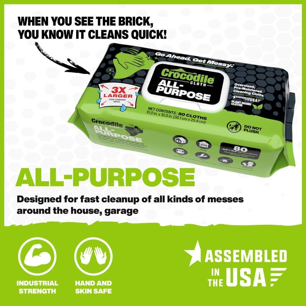 Crocodile Cloth All-Purpose Cleaning Wipes – 80 Count, 15"x10" Extra Large Plant-Based Disposable Cloths – Moist, Absorbent, Safe on Skin, Multi-Surface Use - Image 2