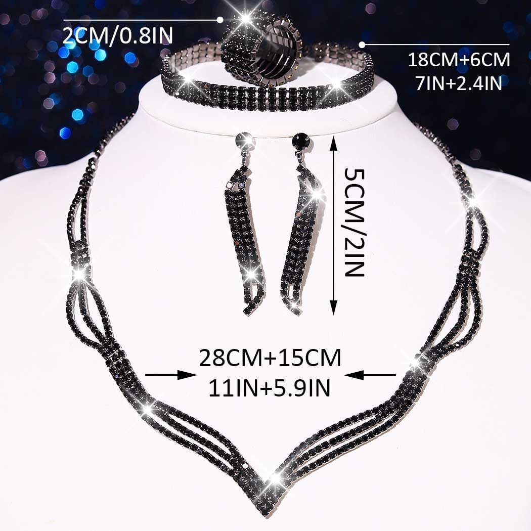 Unicra Rhinestone Bridal Wedding Jewelry Sets Black Necklace Earrings Bracelet Ring Set Prom Formal Costume Jewelry Set for Women and Brides - Image 5