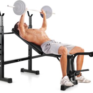 GYMAX Adjustable Weight Bench, Foldable Weight Bench with Squat Racks, Leg Extension & Leg Curl, Strength Training Workout Bench Press, Olympic Weight Lifting Bench Set for Home Gym