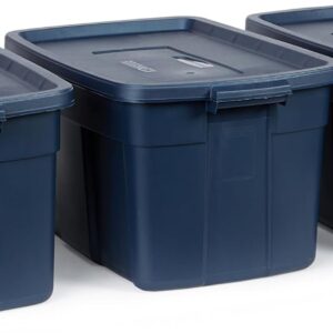 Rubbermaid Roughneck Tote 31 Gal, 3 Pack, Made in USA, Dark Indigo Metallic, Rugged Plastic Stackable Storage Bins with Lids and Handles