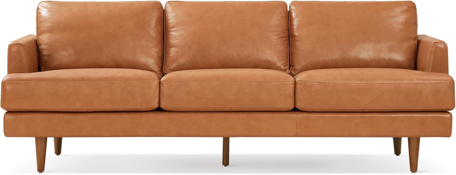 Valencia Grosseto 87” Cognac Tan Brown 3 Seater Full Leather Sofa | Mid Century Italian Nappa Leather Couch for Living Room Furniture | Double Stitched Seams, Removable Cushions - Image 3